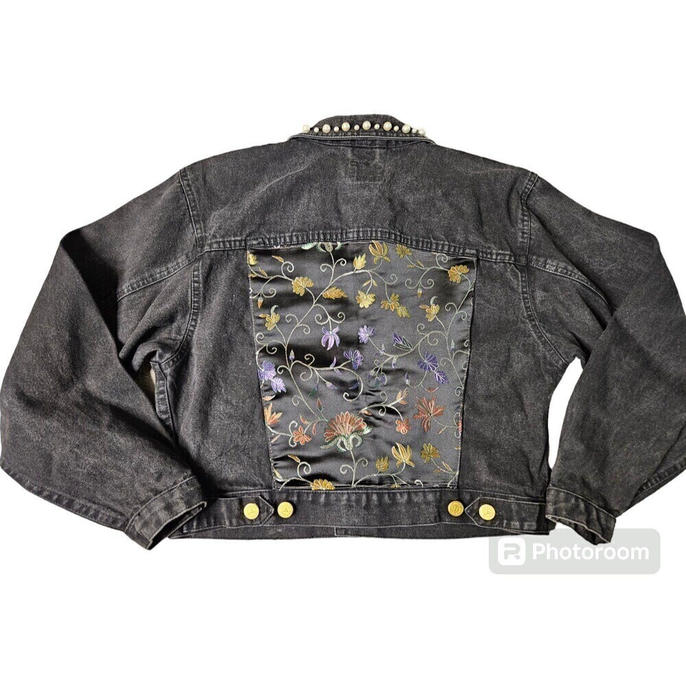 Liz Claiborne Vintage Lizwear Black Denim Jacket Pearls Japanese Flowers - Picture 3 of 14